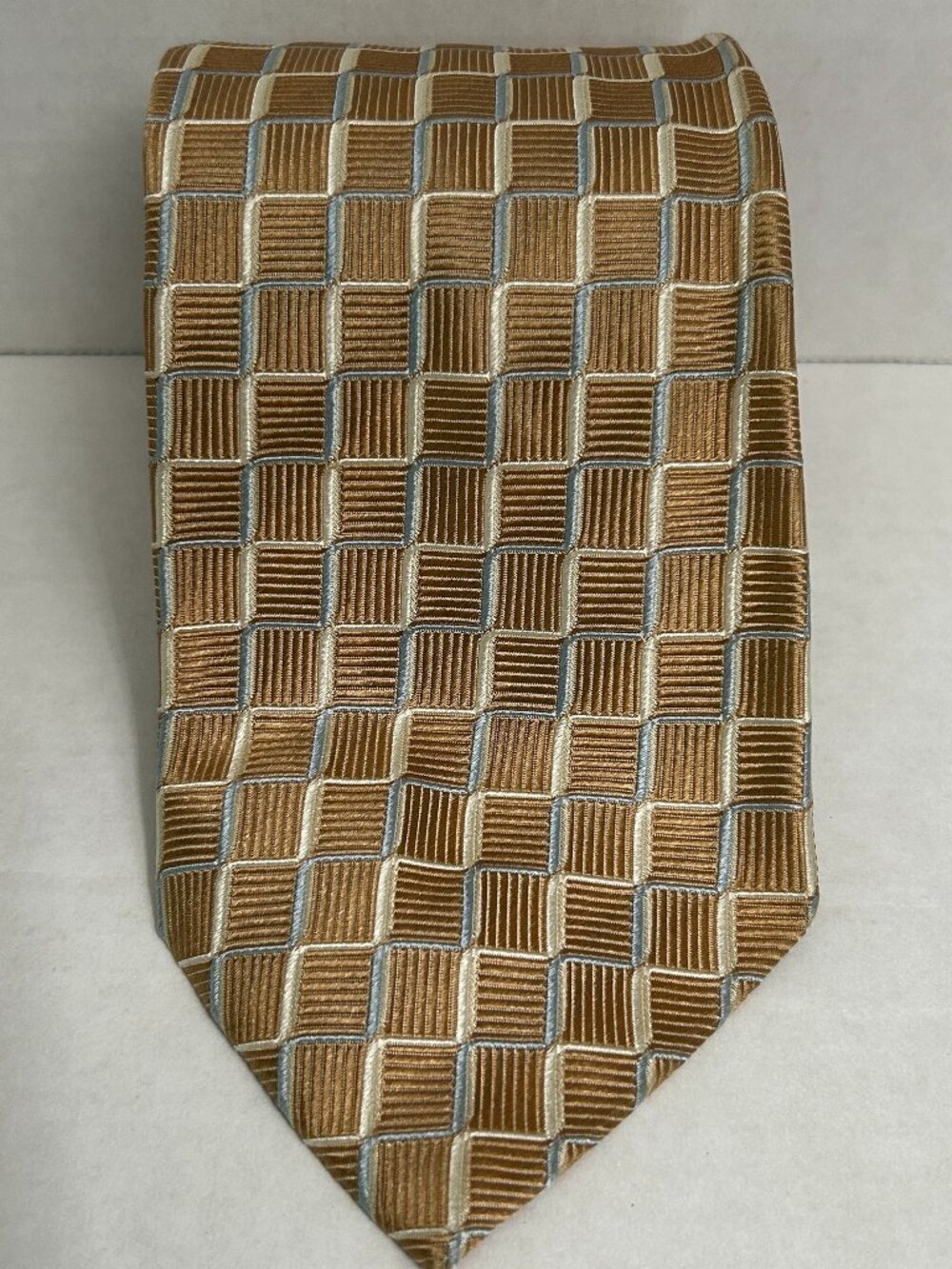Mitea Milano 100% Silk Tie Made in Italy Brown Gold Blue Geometric Check Pattern